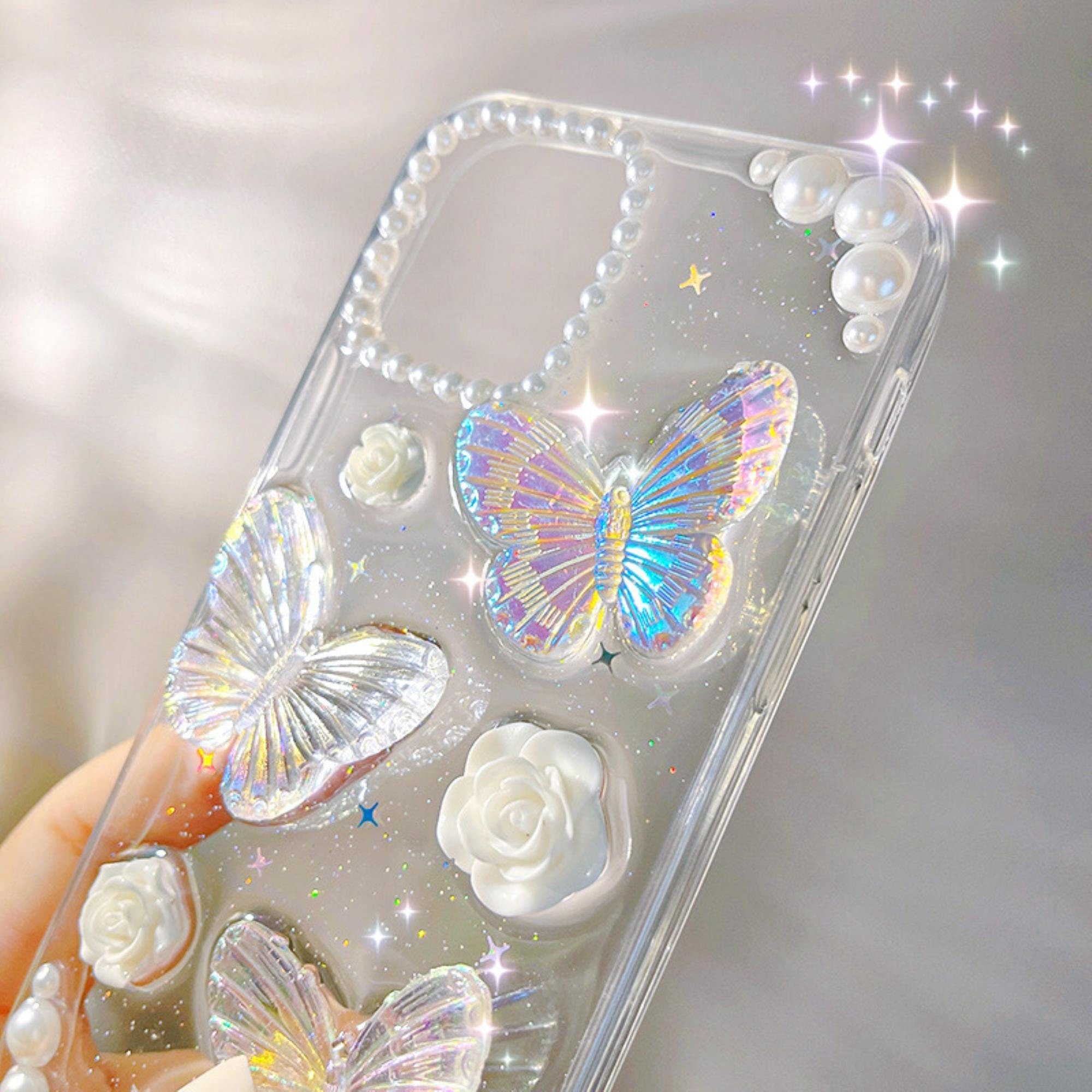 3D Abstract Crystal Laser iPhone Case White Butterflies