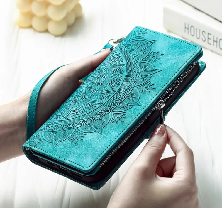 Long Lanyard Flap Faux Leather Phone Case - Zipper Wallet Card Holder Case